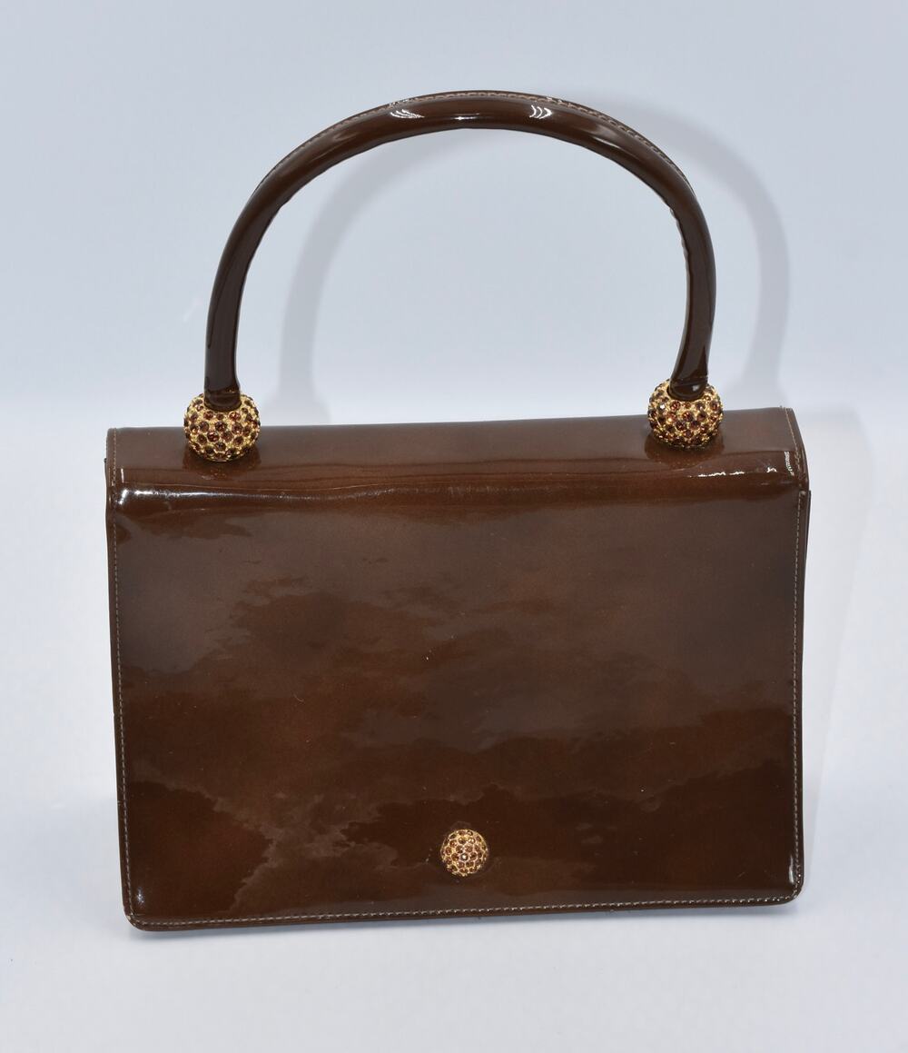 Vintage bag by Dorian Marbled Brown Patent Leather Embellished Pill Box Handbag